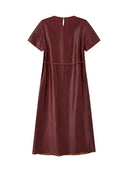 Back product view of the relaxed red silk midi dress with a keyhole neckline and slender belt