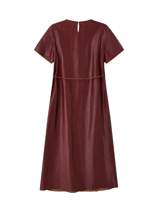 Back product view of the relaxed red silk midi dress with a keyhole neckline and slender belt