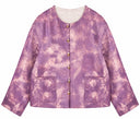 Front product view showing the purple floral jacket, button closure and two patch pockets.