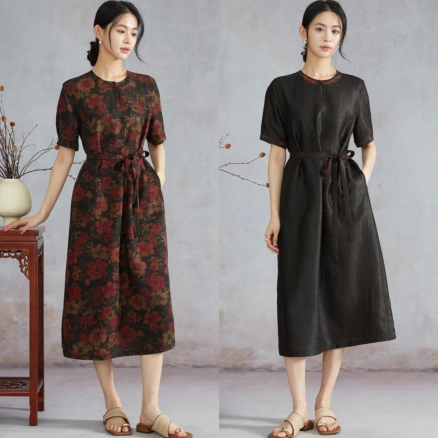 Side-by-side view of the reversible Xiangyunsha silk dress in vintage floral and black crackle designs