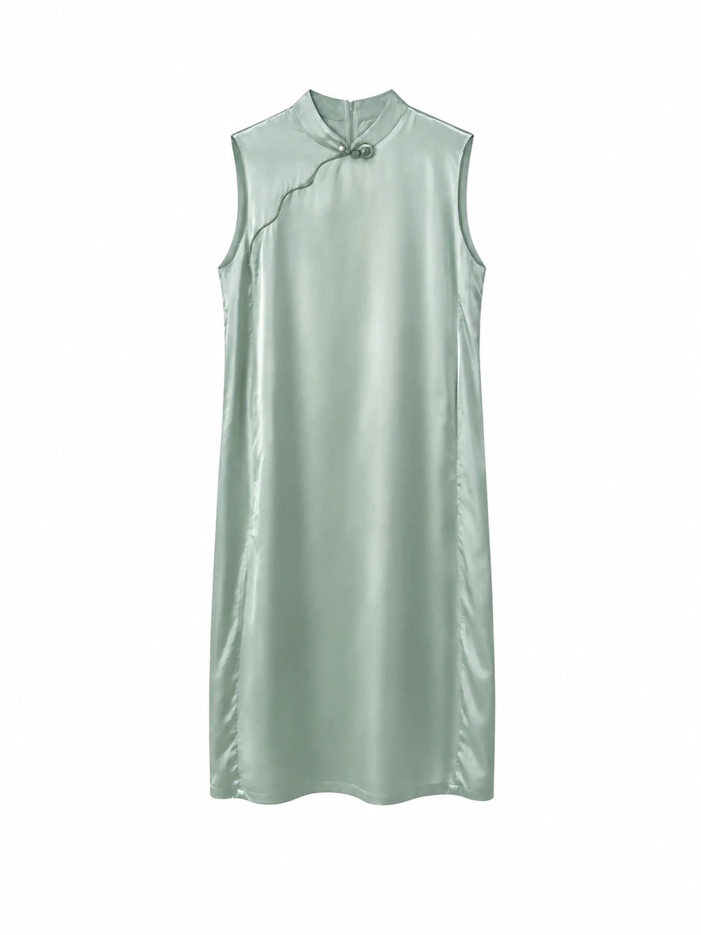Front view of a sage green sleeveless acetate-silk Chinese dress