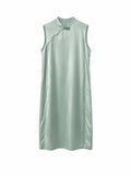 Front view of a sage green sleeveless acetate-silk Chinese dress
