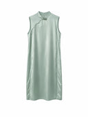 Front view of a sage green sleeveless acetate-silk Chinese dress