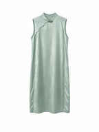 Front view of a sage green sleeveless acetate-silk Chinese dress