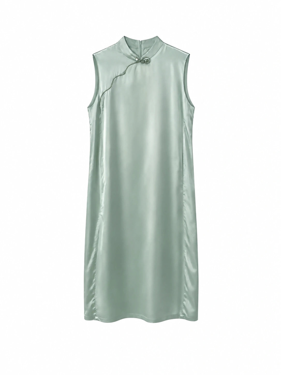 Front view of a sage green sleeveless acetate-silk Chinese dress