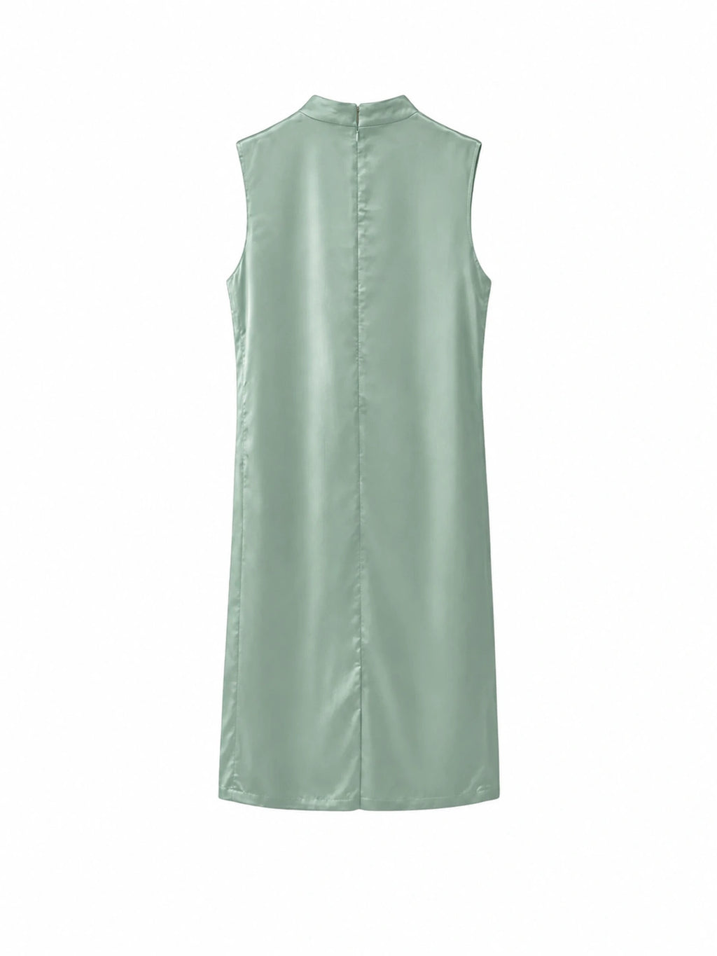 Back view of a sage green H-line Chinese-inspired long dress