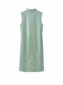 Back view of a sage green H-line Chinese-inspired long dress
