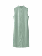 Back view of a sage green H-line Chinese-inspired long dress