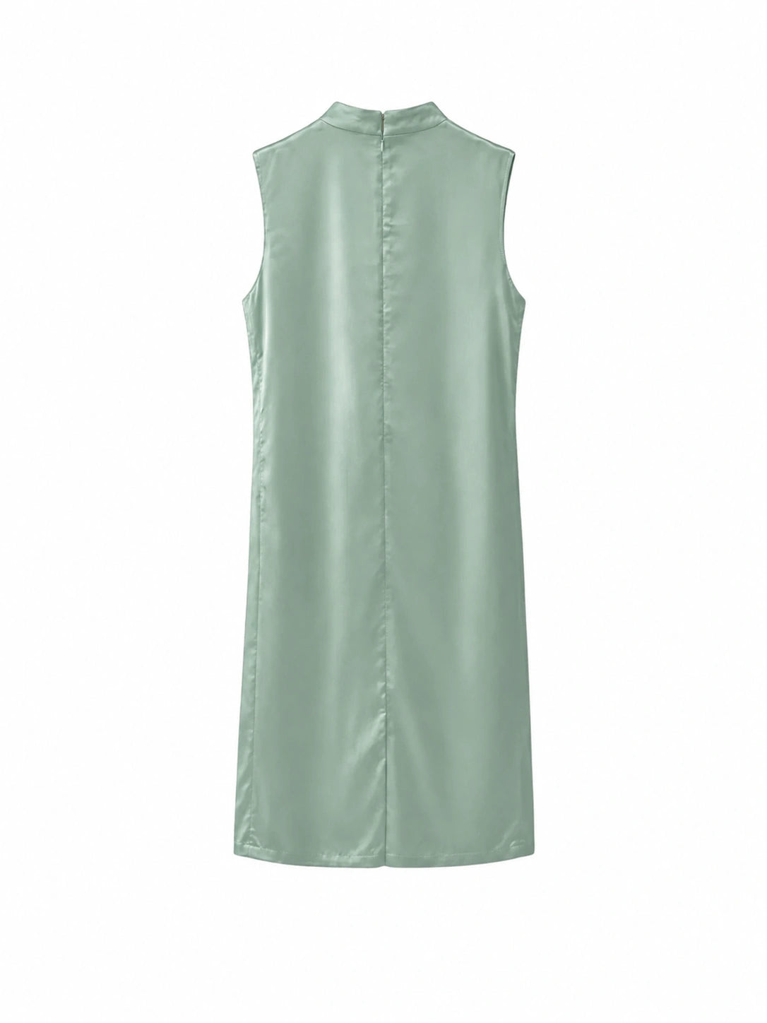 Back view of a sage green H-line Chinese-inspired long dress