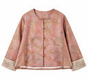 Front view of the peach jacquard jacket with buttons and embroidered turn-back cuffs