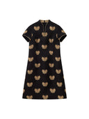 Front product view of the black mulberry silk Song brocade dress with woven gold butterflies