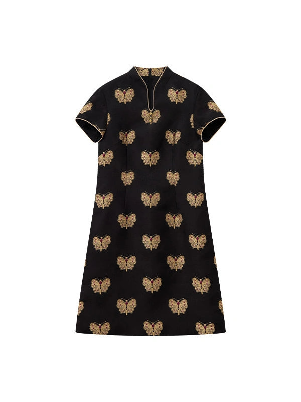 Front product view of the black mulberry silk Song brocade dress with woven gold butterflies