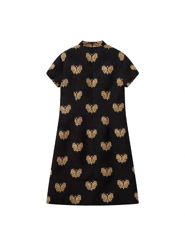 Back product view of the black and gold butterfly Song brocade silk dress