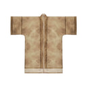 Flat lay view of the tea brown sheer organza long cover-up with an open front and flowing sleeves.