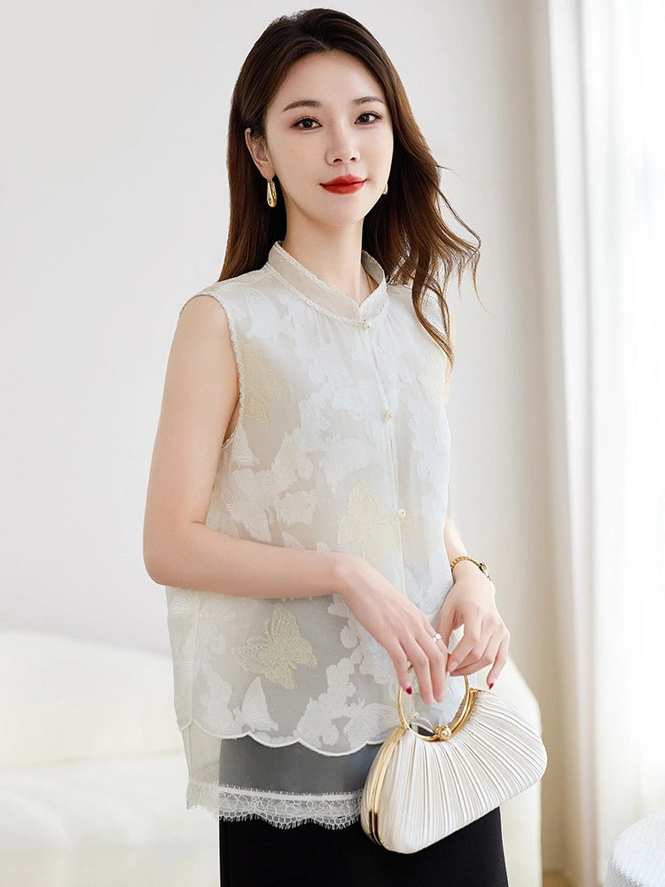 Full-body shot of a model wearing a white silk New Chinese style vest with a lace-trimmed hem and pearl buttons, holding a handbag.