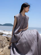 Seated view showing the drape and texture of a ramie lyocell two-piece summer set.