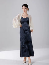 Women's minimalist slip maxi dress styled separately.