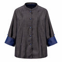 Front product view of the Xiangyunsha jacket with a mandarin collar and blue buttons
