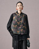 Model wearing the smoky purple butterfly embroidered Mandarin collar vest with black separates