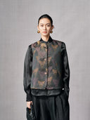 Front view of the smoky purple butterfly embroidered rayon vest with a Mandarin collar and floral buttons