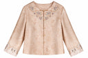 Front product view of the soft peach pink jacket with floral embroidery at the neckline and cuffs.
