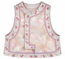 Front product view of the vest with an asymmetric opening, floral embroidery and lilac trim.