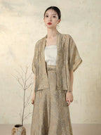 Model wearing the Stone Beige Open Front Jacket by Gambiered Silk.