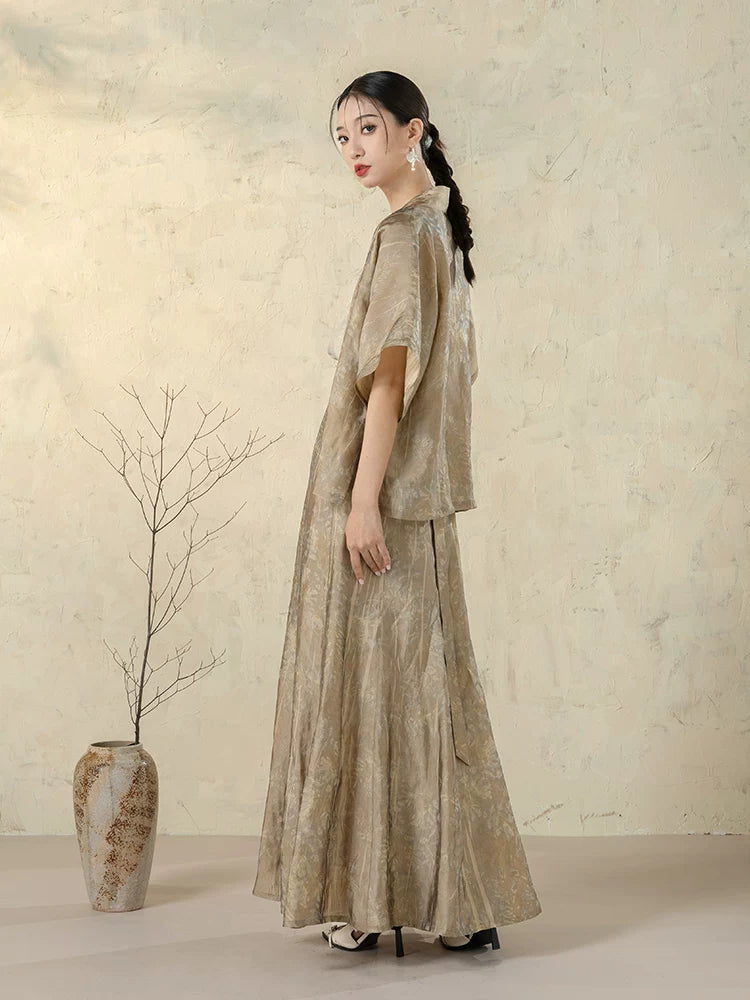 Side profile of the Stone Beige Open Front Jacket showing its relaxed drape.