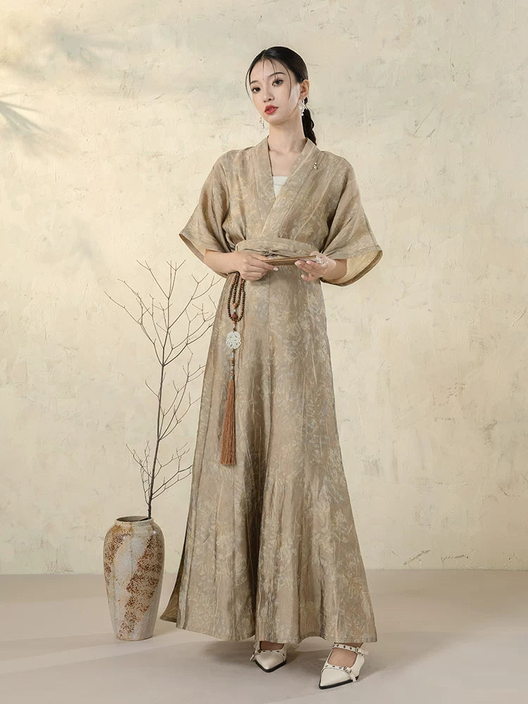 Stone Beige Open Front Jacket styled with a matching wrap skirt.