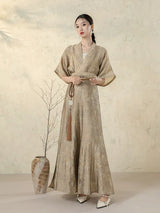 Stone Beige Open Front Jacket styled with a matching wrap skirt.