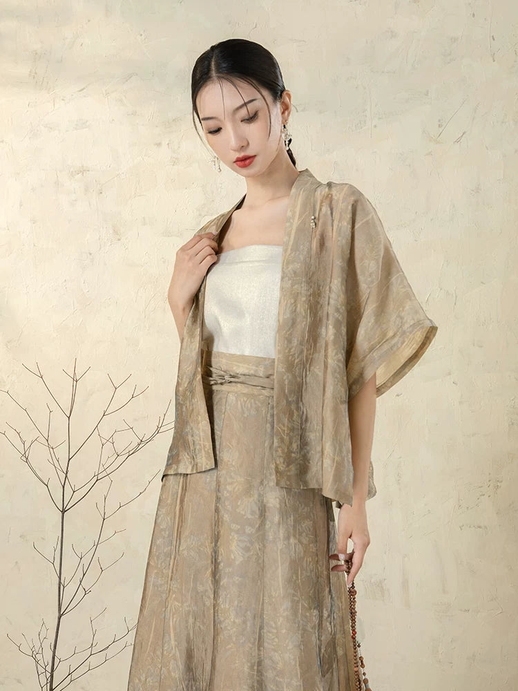 Three-quarter view of the Stone Beige Open Front Jacket with flowing silhouette.