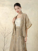 Three-quarter view of the Stone Beige Open Front Jacket with flowing silhouette.