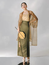 Front view of a tea brown sheer organza long cover-up.