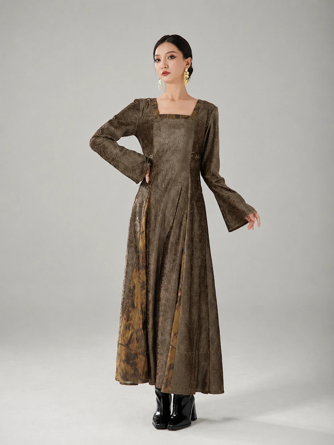 Women's vintage jacquard maxi dress with square neckline and flowing A-line silhouette by Gambiered Silk.