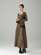 Elegant long sleeve vintage maxi dress with textured jacquard-inspired fabric.