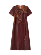 Front product view of the wine-red Hongyunsha silk dress with botanical embroidery and a waist tie