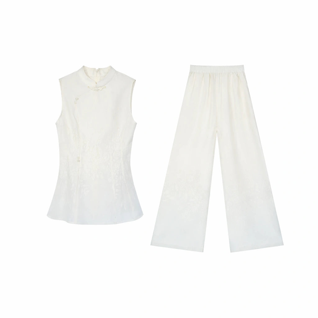 Flat lay of a white wide-leg pants and top set in New Chinese style, featuring a mandarin collar and elastic waistband.