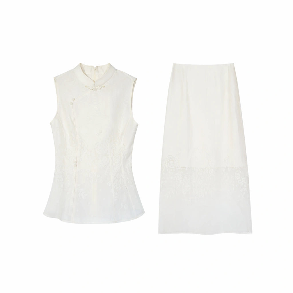 Flat lay of a white New Chinese style two-piece set, featuring a sleeveless top with a mandarin collar and a matching midi skirt.