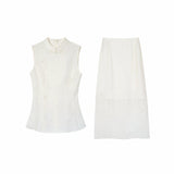 Flat lay of a white New Chinese style two-piece set, featuring a sleeveless top with a mandarin collar and a matching midi skirt.