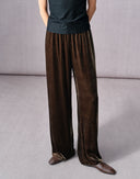 Front view of women’s black silk velvet wide-leg pants with a gathered high waist and straight hems