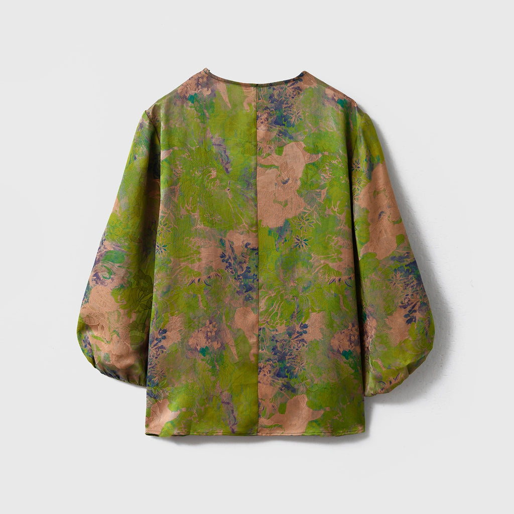 Back view of the loose-fit green and bronze floral Xiangyunsha silk blouse