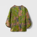 Back view of the loose-fit green and bronze floral Xiangyunsha silk blouse