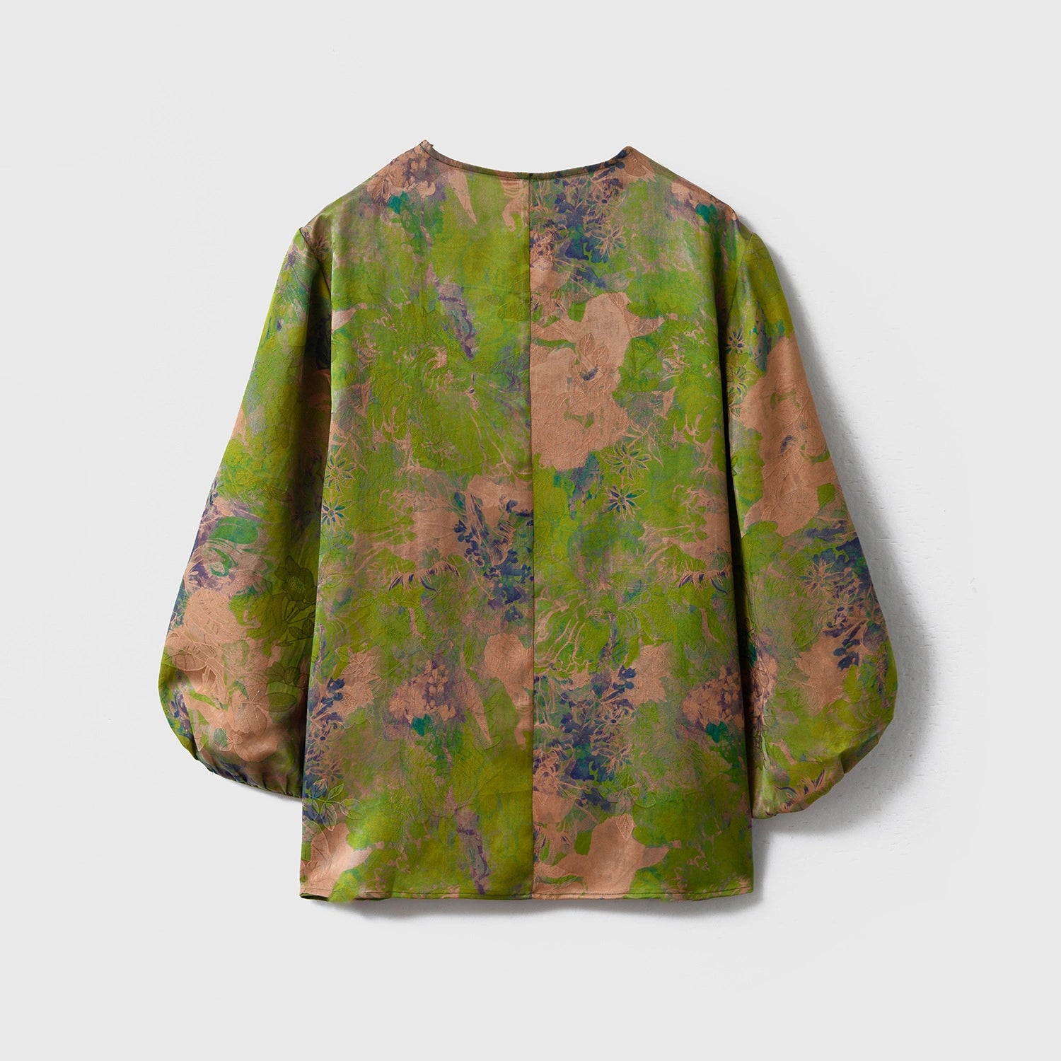 Back view of the loose-fit green and bronze floral Xiangyunsha silk blouse