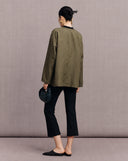Back view of the loose-fit olive green New Chinese jacket