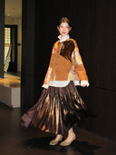 Side view of the brown velvet and colorful brocade patchwork jacket