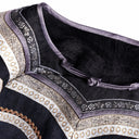 Close-up of the decorative neckline trim and handmade frog-button closure on the Xiangyunsha silk dress