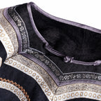 Close-up of the decorative neckline trim and handmade frog-button closure on the Xiangyunsha silk dress