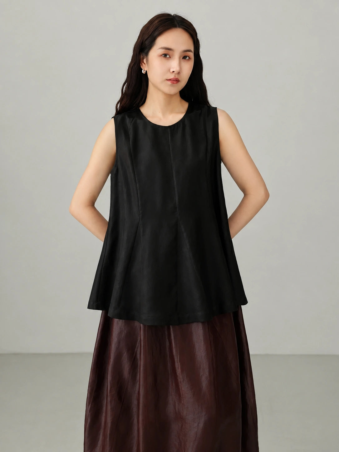 Ink Black Xiangyunsha silk sleeveless vest top made from 100% natural mulberry silk with minimalist oriental design