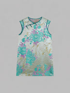 Front flat lay of the Xiaolan floral new Chinese dress with floral print and decorative button details