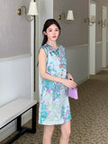 Model wearing the Xiaolan floral new Chinese dress with a relaxed fit and turquoise floral print